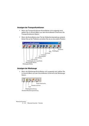 Page 40WaveLab Essential
5 – 40 WaveLab Essential – Tutorials
Anzeigen der Transportfunktionen
•Wenn die Transportfunktionen-Kontrollleiste nicht angezeigt wird, 
wählen Sie im Ansicht-Menü aus dem Kontrollleisten-Untermenü die 
Transportfunktionen-Option.
•Wenn die Kontrollleiste einen Teil der Wellenformdarstellung verdeckt, 
klicken Sie auf die Titelleiste und ziehen Sie sie an eine andere Position.
Anzeigen der Werkzeuge
•Wenn die Werkzeuge-Kontrollleiste nicht angezeigt wird, wählen Sie 
im Ansicht-Menü...