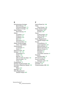 Page 446WaveLab Essential
446 Stichwortverzeichnis
E
Echtzeitanalyse-Anzeigen
Beschreibung
 170
Panorama-Anzeige
 172
Spektrum-Anzeige
 176
Effects-Sektion
Beschreibung
 218
Effekte
Auswählen
 219
Entfernen
 219
Installieren
 224
Mute
 221
Neuordnen
 219
Stummschalten
 221
Effekte (Audiomontage) 
Siehe »Clip-Effekte«
Einblendmenüs
In Ansichten
 72
Werte
 74
Einfaches Fade
 188
Einfügen
 118, 120
Audiodateien
 87
Hinten
 123
Mischen
 123
Stille am Ende der Datei
 125
Überschreiben
 123
Vorne
 123
Eingabefelder...