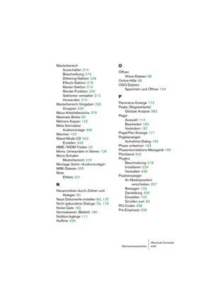 Page 449WaveLab Essential
Stichwortverzeichnis 449
Masterbereich
Ausschalten
 210
Beschreibung
 210
Dithering-Sektion
 226
Effects-Sektion
 218
Master-Sektion
 214
Render-Funktion
 233
Sektionen verwalten
 212
Verwenden
 210
Masterbereich-Vorgaben
 230
Gruppen
 233
Maus-Arbeitsbereiche
 279
Maximale Breite
 90
Mehrere Kopien
 122
Meta Normalizer
Audiomontage
 306
Mischen
 123
Mixed-Mode-CD
 342
Erstellen
 346
MME-/WDM-Treiber
 23
Mono, Umwandeln in Stereo
 126
Mono-Schalter
Masterbereich
 216
Montage Siehe...