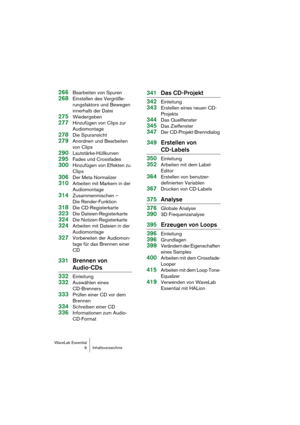 Page 6WaveLab Essential
6 Inhaltsverzeichnis
266Bearbeiten von Spuren
268Einstellen des Vergröße-
rungsfaktors und Bewegen 
innerhalb der Datei
275Wiedergeben
277Hinzufügen von Clips zur 
Audiomontage
278Die Spuransicht
279Anordnen und Bearbeiten 
von Clips
290Lautstärke-Hüllkurven
295Fades und Crossfades
300Hinzufügen von Effekten zu 
Clips
306Der Meta Normalizer
310Arbeiten mit Markern in der 
Audiomontage
314Zusammenmischen – 
Die Render-Funktion
318Die CD-Registerkarte
323Die Dateien-Registerkarte
324Die...