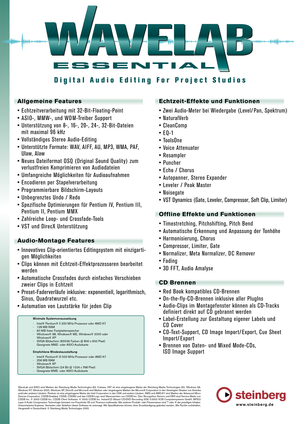 Page 1www.steinberg.de
Minimale Systemvoraussetzung
- Intel® Pentium® II 200 MHz-Prozessor oder AMD K7
-128 MB RAM
- 60 MB freier Festplattenspeicher
- Windows® 98, Windows® ME, Windows® 2000 oder
Windows® XP
- SVGA Bildschirm (65536 Farben @ 800 x 600 Pixel)
Geeignete MME- oder ASIO-Audiokarte
Empfohlene Mindestausstattung
- Intel® Pentium® III 500 MHz-Prozessor oder AMD K7
- 256 MB RAM
- Windows® XP
- SVGA Bildschirm (24 Bit @ 1024 x 768 Pixel)
- Geeignete MME- oder ASIO-Audiokarte

WaveLab und ASIO sind...