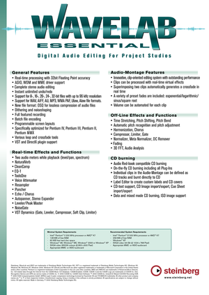 Page 1www.steinberg.net
Minimal System Requirements
- Intel® Pentium® II 200 MHz processor or AMD® K7
-128 MB of free RAM
- 60 MB free hard disc space
- Windows® 98, Windows® ME, Windows® 2000 or Windows® XP
- SVGA video (65536 colours @ 800 x 600 Pixel)
- Appropriate MME- or ASIO-audiocard Recommended System Requirements
- Intel® Pentium® III 500 MHz processor or AMD® K7
- 256 MB of free RAM
- Windows® XP
- SVGA video (24 Bit @ 1024 x 768 Pixel)
- Appropriate MME- or ASIO-audiocard

Steinberg, WaveLab and...