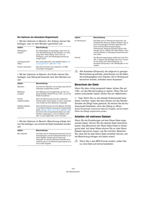 Page 103103
Der Masterbereich
Die Optionen der Ablaufplan-Registerkarte
Mit den Optionen im Bereich »Am Anfang« können Sie 
festlegen, was vor dem Rendern geschehen soll:
Mit den Optionen im Bereich »Am Ende« können Sie 
festlegen, was WaveLab Essential nach dem Rendern tun 
soll:
Mit den Optionen im Bereich »Berechnung erfolgt« kön-
nen Sie festlegen, wie schnell die Datei bearbeitet werden 
soll.
Berechnen der Datei
Wenn Sie alles richtig eingestellt haben, klicken Sie auf 
»OK«, um den Rechenvorgang zu...