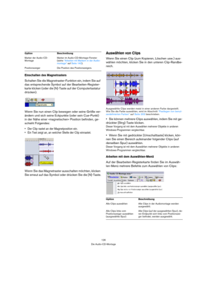 Page 126126
Die Audio-CD-Montage
Einschalten des Magnetrasters
Schalten Sie die Magnetraster-Funktion ein, indem Sie auf 
das entsprechende Symbol auf der Bearbeiten-Register-
karte klicken (oder die [N]-Taste auf der Computertastatur 
drücken).
Wenn Sie nun einen Clip bewegen oder seine Größe ver-
ändern und sich seine Eckpunkte (oder sein Cue-Punkt) 
in der Nähe einer »magnetischen« Position befinden, ge-
schieht Folgendes:
 Der Clip rastet an der Magnetposition ein.
 Ein Text zeigt an, an welcher Stelle der...