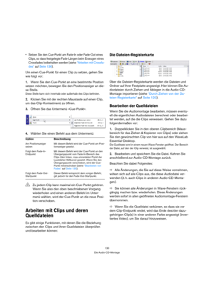 Page 130130
Die Audio-CD-Montage
 Setzen Sie den Cue-Punkt am Fade-In oder Fade-Out eines 
Clips, so dass festgelegte Fade-Längen beim Erzeugen eines 
Crossfades beibehalten werden (siehe “Arbeiten mit Crossfa-
des” auf Seite 136).
Um einen Cue-Punkt für einen Clip zu setzen, gehen Sie 
wie folgt vor:
1.Wenn Sie den Cue-Punkt an eine bestimmte Position 
setzen möchten, bewegen Sie den Positionszeiger an die-
se Stelle.
Diese Stelle kann sich innerhalb oder außerhalb des Clips befinden.
2.Klicken Sie mit der...