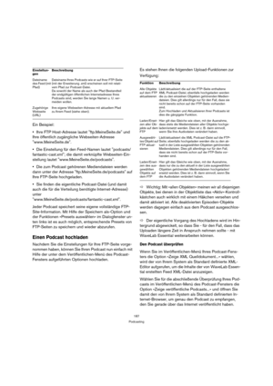 Page 187187
Podcasting
Ein Beispiel:
Ihre FTP Host-Adresse lautet ftp.MeineSeite.de und 
Ihre öffentlich zugängliche Webseiten-Adresse 
www.MeineSeite.de.
Die Einstellung für den Feed-Namen lautet podcasts/
fantastic-cast.xml; die damit verknüpfte Webseiten-Ein-
stellung lautet www.MeineSeite.de/podcasts.
Die zum Podcast gehörenen Mediendateien werden 
dann unter der Adresse ftp.MeineSeite.de/podcasts auf 
Ihre FTP-Seite hochgeladen.
Sie finden die eigentliche Podcast-Datei (und damit 
auch die für die...