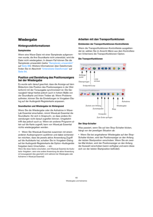 Page 6363
Wiedergabe und Aufnahme
Wiedergabe
Hintergrundinformationen
Samplerates
Wenn eine Wave-Datei mit einer Samplerate aufgenom-
men wurde, die Ihre Soundkarte nicht unterstützt, wird die 
Datei nicht wiedergeben. In diesem Fall können Sie die 
Samplerate umwandeln (siehe “Samplerate umwandeln” 
auf Seite 88). Weitere Informationen über Dateiformate 
finden Sie im Abschnitt “Unterstützte Dateiformate” auf 
Seite 54.
Position und Darstellung des Positionszeigers 
bei der Wiedergabe
Es wurde sehr darauf...