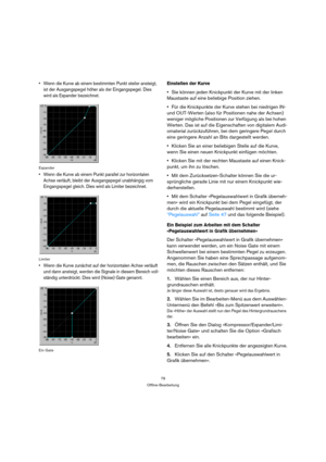 Page 7979
Offline-Bearbeitung
 Wenn die Kurve ab einem bestimmten Punkt steiler ansteigt, 
ist der Ausgangspegel höher als der Eingangspegel. Dies 
wird als Expander bezeichnet.
Expander
 Wenn die Kurve ab einem Punkt parallel zur horizontalen 
Achse verläuft, bleibt der Ausgangspegel unabhängig vom 
Eingangspegel gleich. Dies wird als Limiter bezeichnet.
Limiter
 Wenn die Kurve zunächst auf der horizontalen Achse verläuft 
und dann ansteigt, werden die Signale in diesem Bereich voll-
ständig unterdrückt. Dies...