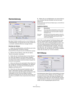 Page 8787
Offline-Bearbeitung
Harmonisierung
Bei dieser Funktion handelt es sich um eine Variation der 
Tonhöhenkorrektur, mit der Sie nicht nur eine, sondern bis 
zu sechzehn veränderte Stimmen erzeugen können.
Einrichten der Stimmen
1.Stellen Sie die Bildlaufleiste auf die Stimme ein, für die 
Sie die Einstellungen vornehmen möchten.
Die aktuelle Stimme wird jeweils oben über der Bildlaufleiste angezeigt.
2.Aktivieren Sie die Stimme, indem Sie die Option 
»Stimme verwenden« einschalten.
3.Stellen Sie die...