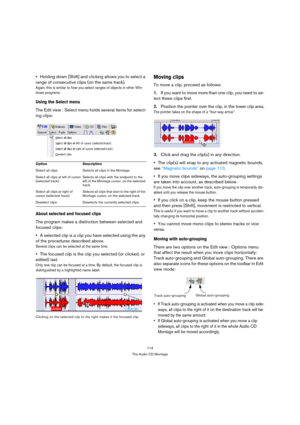 Page 114114
The Audio CD Montage
Holding down [Shift] and clicking allows you to select a 
range of consecutive clips (on the same track).
Again, this is similar to how you select ranges of objects in other Win-
dows programs.
Using the Select menu
The Edit view : Select menu holds several items for select-
ing clips:
About selected and focused clips
The program makes a distinction between selected and 
focused clips:
A selected clip is a clip you have selected using the any 
of the procedures described above....