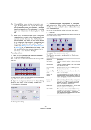 Page 120120
The Audio CD Montage
Proceed as follows:
1.Place the clips containing the music and the voice-
over on separate adjacent tracks.
Make sure the voice-over clips are located inside the time range of the 
music clip.
The three voice-over clips on the upper track are placed inside the time 
range of the music bed on the track below.
2.Open the envelope speed menu for the clip containing 
the music, and select “Duck according to other track…”.
The Ducking options dialog opens.
The Ducking options dialog...