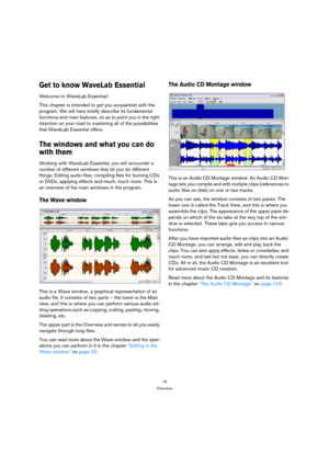 Page 1818
Overview
Get to know WaveLab Essential
Welcome to WaveLab Essential! 
This chapter is intended to get you acquainted with the 
program. We will here briefly describe its fundamental 
functions and main features, so as to point you in the right 
direction on your road to mastering all of the possibilities 
that WaveLab Essential offers.
The windows and what you can do 
with them
Working with WaveLab Essential, you will encounter a 
number of different windows that let you do different 
things. Editing...
