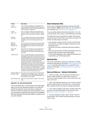 Page 5050
Editing in the Wave window
About 20-, 24- and 32-bit float files
You do not need a 20- or 24-bit audio card to take advan-
tage of the fact that WaveLab Essential can handle 20- 
and 24-bit audio files. Any processing or editing per-
formed on the files is always done at full resolution, even if 
your card doesn’t support the full resolution. For playback, 
WaveLab Essential automatically adapts to whatever card 
you have installed.
About temporary files
As you work in WaveLab Essential, temporary...