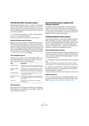 Page 8787
Master Section
Working with effect processor presets
With WaveLab Essential comes a number of “factory pre-
sets” for the included processors, which you can either 
select and use as is, or use as a starting point for your own 
settings. Additional plug-in processors may provide their 
own “factory presets”.
ÖTo access the presets for an effect, click the Preset 
button in its control panel window.
The result and available functions depend on the type of plug-in:
WaveLab Essential specific plug-ins...
