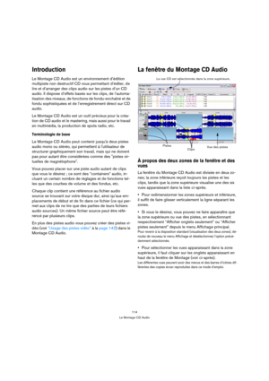 Page 114114
Le Montage CD Audio
Introduction
Le Montage CD Audio est un environnement d’édition 
multipiste non destructif CD vous permettant d’éditer, de 
lire et d’arranger des clips audio sur les pistes d’un CD 
audio. Il dispose d’effets basés sur les clips, de l’automa-
tisation des niveaux, de fonctions de fondu-enchaîné et de 
fondu sophistiquées et de l’enregistrement direct sur CD 
audio.
Le Montage CD Audio est un outil précieux pour la créa-
tion de CD audio et le mastering, mais aussi pour le travail...