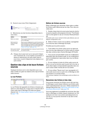 Page 128128
Le Montage CD Audio
3.Ouvrez le sous-menu Point d’alignement.
4.Sélectionnez une des fonctions disponibles dans le 
sous-menu :
Gestion des clips et de leurs fichiers 
sources
Quelques fonctions sont à votre disposition pour vous 
aider à vérifier et à gérer les relations entre clips et fichiers 
audio sources : 
La vue Fichiers
La vue Fichiers fait apparaître les fichiers et dossiers pré-
sents sur votre disque dur, et peut servir à importer des fi-
chiers audio dans le Montage CD Audio par...