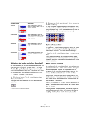 Page 134134
Le Montage CD Audio
Utilisation des fondus enchaînés (Crossfade)
Un fondu enchaîné est un fondu doux entre deux clips, l’un 
étant soumis à un fondu de sortie et l’autre à un fondu 
d’entrée. Dès que les bords de clip se recouvrent, des 
fondus enchaînés sont créés dans le Montage. Pour créer 
un fondu enchaîné automatique, procédez comme ceci :
1.Ouvrez la vue Éditer : menu Fondu.
2.Sélectionnez l’option “Fondu enchaîné automatique -- 
chevauchement libre”.
Vous pouvez aussi cliquer directement sur...