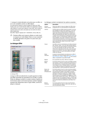 Page 137137
Le Montage CD Audio
Lorsque le mode dérivation est activé pour un effet, ce-
lui-ci est considéré comme un effet départ.
Ce mode permet d’ajuster le niveau de départ du signal vers l’effet. 
Veuillez noter que le mode dérivation diffère d’une exploitation tradition-
nelle d’effets en ce sens que le signal de “retour effet” vient s’insérer di-
rectement dans le flux audio, sans passer par une section de retours 
effets traditionnelle. 
Des effets “départs” typiques sont : réverbération, chorus, délai,...
