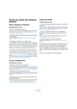 Page 2121
Présentation
Trouver son chemin dans WaveLab 
Essential
Éditer et appliquer un traitement 
Où dois-je aller si je veux…
Éditer un fichier audio existant ?
Lorsque vous ouvrez un fichier audio, il apparaît dans une fenêtre Audio, 
dans laquelle vous pouvez l’éditer de différentes façons. Voir “Édition 
dans la fenêtre audio” à la page 34.
Compiler et éditer multiple fichiers audio sur deux pistes 
indépendantes ?
Créez un Montage CD Audio. Voir “Le Montage CD Audio” à la page 
113.
Appliquer un...