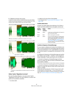 Page 4848
Édition dans la fenêtre audio
5.Relâchez le bouton de la souris.
La sélection est alors insérée à l’emplacement que vous avez indiqué. 
L’audio qui commençait auparavant en ce point est décalé vers l’avant, 
de façon à être lu après la section que vous venez d’insérer.
Utiliser l’option “Magnétiser les bornes”
Si, avant de glisser/déposer, vous avez activé l’option 
“Magnétiser les bornes” du menu Options, le curseur s’ali-
gnera sur les positions suivantes :
 Le curseur audio. Le début et la fin de...