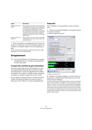 Page 6565
Lecture et Enregistrement
ÖNote: Ces options ne s’appliquent pas à la lecture au 
moyen de l’outil Lecture et les deux dernières options né-
cessitent un ordinateur rapide et une carte graphique ra-
pide.
Si vous entendez des interruptions de signal durant la lecture, veuillez 
sélectionner un autre mode de Défilement.
Enregistrement
À propos des contrôles de gain automatique
Certaines cartes audio peuvent être équipées d’un sys-
tème appelé AGC (Automatic Gain Control) qui règle 
automatiquement le...