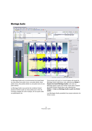 Page 1818
Présentation rapide
Montage Audio
Le Montage Audio est un environnement de travail basé 
sur des pistes (une piste mono, une piste stéréo, deux 
pistes mono, deux pistes stéréo ou une piste mono et une 
piste stéréo).
Le Montage Audio vous permet de combiner (mixer) 
plusieurs fichiers audio sur deux pistes pour créer de 
nouveaux mixages de votre musique, de vos spots radio 
ou publicitaires, etc.Vous pouvez soit ouvrir un nouvel espace de travail de 
Montage Audio (vide) (pour cela, sélectionnez...