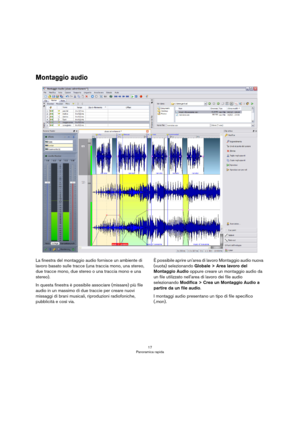 Page 1717
Panoramica rapida
Montaggio audio
La finestra del montaggio audio fornisce un ambiente di 
lavoro basato sulle tracce (una traccia mono, una stereo, 
due tracce mono, due stereo o una traccia mono e una 
stereo).
In questa finestra è possibile associare (missare) più file 
audio in un massimo di due traccie per creare nuovi 
missaggi di brani musicali, riproduzioni radiofoniche, 
pubblicità e così via.È possibile aprire un'area di lavoro Montaggio audio nuova 
(vuota) selezionando Globale > Area...