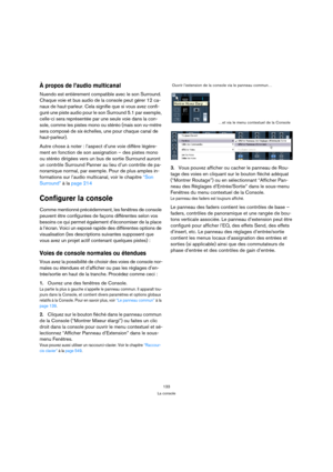 Page 133133
La console
À propos de l’audio multicanal
Nuendo est entièrement compatible avec le son Surround. 
Chaque voie et bus audio de la console peut gérer 12 ca-
naux de haut-parleur. Cela signifie que si vous avez confi-
guré une piste audio pour le son Surround 5.1 par exemple, 
celle-ci sera représentée par une seule voie dans la con-
sole, comme les pistes mono ou stéréo (mais son vu-mètre 
sera composé de six échelles, une pour chaque canal de 
haut-parleur).
Autre chose à noter : l’aspect d’une voie...