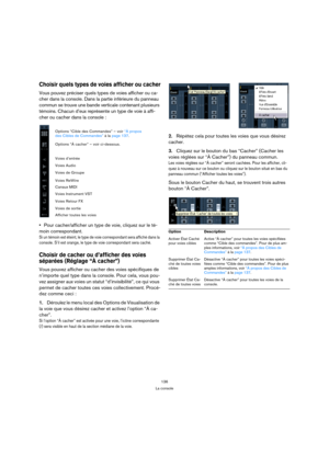 Page 136136
La console
Choisir quels types de voies afficher ou cacher
Vous pouvez préciser quels types de voies afficher ou ca-
cher dans la console. Dans la partie inférieure du panneau 
commun se trouve une bande verticale contenant plusieurs 
témoins. Chacun d’eux représente un type de voie à affi-
cher ou cacher dans la console :
Pour cacher/afficher un type de voie, cliquez sur le té-
moin correspondant.
Si un témoin est éteint, le type de voie correspondant sera affiché dans la 
console. S’il est orange,...