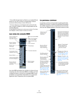 Page 139139
La console
Si un effet de type Insert ou Send ou un module EQ est 
activé sur une voie, le témoin correspondant s’allume.
Les témoins d’effet sont bleus, le témoin d’EQ est vert.
Si vous cliquez sur ces témoins alors qu’ils sont allu-
més, la section d’effets ou d’EQ correspondante est dé-
sactivée (Bypass).
Le statut Bypass est indiqué par la couleur jaune du témoin. Pour désac-
tiver le Bypass, il suffit de cliquer à nouveau sur le témoin.
Les voies de console MIDI
Les voies MIDI permettent de...