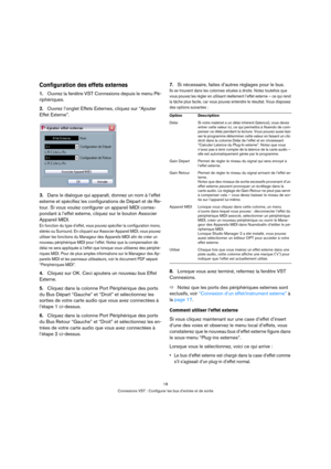 Page 1818
Connexions VST : Configurer les bus d’entrée et de sortie
Configuration des effets externes
1.Ouvrez la fenêtre VST Connexions depuis le menu Pé-
riphériques.
2.Ouvrez l’onglet Effets Externes, cliquez sur “Ajouter 
Effet Externe”.
3.Dans le dialogue qui apparaît, donnez un nom à l’effet 
externe et spécifiez les configurations de Départ et de Re-
tour. Si vous voulez configurer un appareil MIDI corres-
pondant à l’effet externe, cliquez sur le bouton Associer 
Appareil MIDI.
En fonction du type...