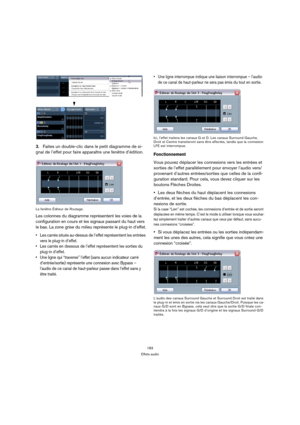 Page 183183
Effets audio
3.Faites un double-clic dans le petit diagramme de si-
gnal de l’effet pour faire apparaître une fenêtre d’édition.
La fenêtre Éditeur de Routage. 
Les colonnes du diagramme représentent les voies de la 
configuration en cours et les signaux passant du haut vers 
le bas. La zone grise du milieu représente le plug-in d’effet.
 Les carrés situés au-dessus de l’effet représentent les entrées 
vers le plug-in d’effet.
 Les carrés en dessous de l’effet représentent les sorties du 
plug-in...