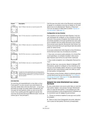 Page 219219
Son Surround
Les sous-bus 
Un sous-bus est essentiellement un bus dans un bus 
(“plus grand”). Le plus souvent vous aurez besoin de 
sous-bus stéréo dans votre bus Surround – ce qui vous 
permettra de diriger les pistes stéréo directement vers 
une paire de haut-parleurs stéréo au sein du bus Sur-
round. Vous voudrez peut être également ajouter des 
sous-bus de formats Surround différents (avec moins de 
canaux que le “bus principal”).Une fois que vous avez créé un bus Surround, vous pouvez 
lui...