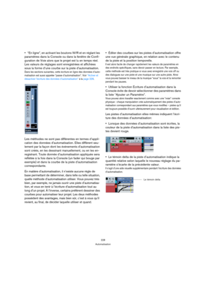 Page 228228
Automatisation
“En ligne”, en activant les boutons W/R et en réglant les 
paramètres dans la Console ou dans la fenêtre de Confi-
guration de Voie alors que le projet est lu en temps réel. 
Les valeurs de réglages sont enregistrées et affichées 
sous la forme d’une courbe sur la piste d’automatisation.
Dans les sections suivantes, cette écriture en ligne des données d’auto-
matisation est aussi appelée “passe d’automatisation”. Voir “Activer et 
désactiver l’écriture des données d’automatisation” à...