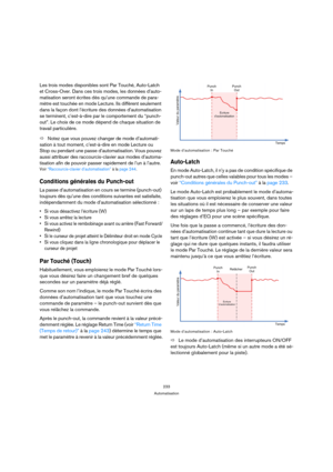 Page 233233
Automatisation
Les trois modes disponibles sont Par Touché, Auto-Latch 
et Cross-Over. Dans ces trois modes, les données d’auto-
matisation seront écrites dès qu’une commande de para-
mètre est touchée en mode Lecture. Ils diffèrent seulement 
dans la façon dont l’écriture des données d’automatisation 
se terminent, c’est-à-dire par le comportement du “punch-
out”. Le choix de ce mode dépend de chaque situation de 
travail particulière.
ÖNotez que vous pouvez changer de mode d’automati-
sation à tout...