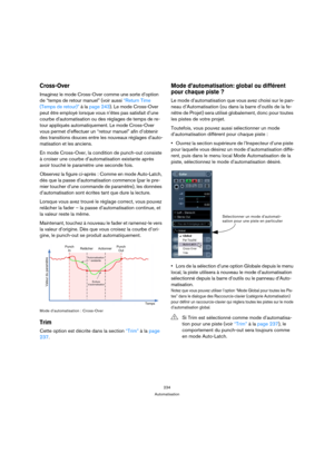 Page 234234
Automatisation
Cross-Over
Imaginez le mode Cross-Over comme une sorte d’option 
de “temps de retour manuel” (voir aussi “Return Time 
(Temps de retour)” à la page 243). Le mode Cross-Over 
peut être employé lorsque vous n’êtes pas satisfait d’une 
courbe d’automatisation ou des réglages de temps de re-
tour appliqués automatiquement. Le mode Cross-Over 
vous permet d’effectuer un “retour manuel” afin d’obtenir 
des transitions douces entre les nouveaux réglages d’auto-
matisation et les anciens.
En...