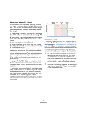 Page 236236
Automatisation
Remplir jusqu’au Punch (Fill To Punch)
Supposons que vous faites défiler une scène en temps 
réel et que le volume de la scène suivante doit être moins 
fort – vous ne savez encore de combien, mais le change-
ment de volume de la première à la seconde scène doit 
être abrupt.
1.Sélectionnez Par Touché comme mode d’automatisa-
tion et “Fill To Punch” comme option de remplissage (Fill).
2.Commencez à faire défiler à partir d’un point de la pre-
mière scène et touchez le fader au moment...