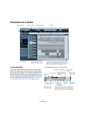 Page 2525
La fenêtre Projet
Présentation de la fenêtre
La liste des pistes
La liste des pistes affiche toutes les pistes utilisés dans un 
Projet. Elle contient des champs de noms et divers régla-
ges concernant les pistes. Les contrôles disponibles dans 
la liste des pistes diffèrent selon le type de piste. Pour voir 
tous les contrôles, il sera peut-être nécessaire de redimen-
sionner la piste dans la liste des pistes (voir “Redimension-
ner des pistes dans la liste des pistes” à la page 35):La liste des...