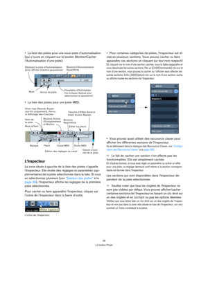 Page 2626
La fenêtre Projet
La liste des pistes pour une sous-piste d’automatisation 
(qui s’ouvre en cliquant sur le bouton Montrer/Cacher 
l’Automatisation d’une piste).
La liste des pistes pour une piste MIDI.
L’Inspecteur
La zone située à gauche de la liste des pistes s’appelle 
l’Inspecteur. Elle révèle des réglages et paramètres sup-
plémentaires de la piste sélectionnée dans la liste. Si vous 
en sélectionnez plusieurs (voir “Gestion des pistes” à la 
page 39), l’Inspecteur affiche les réglages de la...
