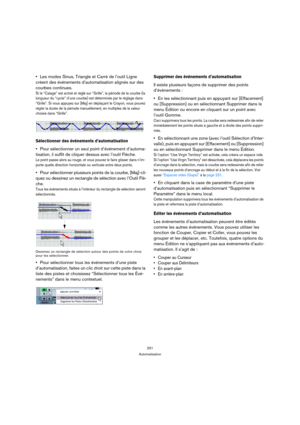 Page 251251
Automatisation
Les modes Sinus, Triangle et Carré de l’outil Ligne 
créent des événements d’automatisation alignés sur des 
courbes continues.
Si le “Calage” est activé et réglé sur “Grille”, la période de la courbe (la 
longueur du “cycle” d’une courbe) est déterminée par le réglage dans 
“Grille”. Si vous appuyez sur [Maj] en déplaçant le Crayon, vous pouvez 
régler la durée de la période manuellement, en multiples de la valeur 
choisie dans “Grille”.
Sélectionner des événements d’automatisation...