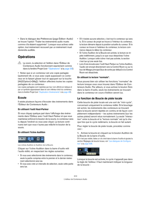 Page 310310
L’éditeur de Conteneurs Audio
Dans le dialogue des Préférences (page Édition–Audio) 
se trouve l’option “Traiter les événements audio muets 
comme s’ils étaient supprimés”. Lorsque vous activez cette 
option, tout événement recouvert par un événement muet 
deviendra audible.
Opérations
Notez que si un conteneur est une copie partagée 
(autrement dit, si vous avez copié auparavant ce conte-
neur en le faisant glisser tout en appuyant sur la touche 
[Alt]/[Option]+[Maj]), l’édition affectera toutes les...