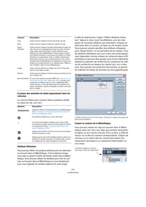 Page 316316
La Bibliothèque
À propos des symboles de statut apparaissant dans les 
colonnes
La colonne Statut peut contenir divers symboles relatifs 
au statut du clip. Les voici :
Attributs Utilisateur
Vous pouvez définir vos propres attributs pour les éléments 
se trouvant dans la Bibliothèque. C’est pratique lorsque 
vous avez un grand nombre de fichiers audio dans la Biblio-
thèque. Vous pouvez utiliser les attributs pour trier les arti-
cles se trouvant dans la Bibliothèque ou tout simplement 
pour vous...
