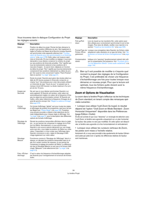 Page 3434
La fenêtre Projet
Vous trouverez dans le dialogue Configuration du Projet 
les réglages suivants :
Zoom et Options de Visualisation
Le zoom dans la fenêtre Projet s’effectue via les techniques 
de Zoom standard, en tenant compte des remarques spé-
ciales suivantes :
Lorsque vous utilisez l’outil Zoom (la loupe), le résultat 
dépend de l’option “Outil Zoom en Mode Standard : Zoom 
Horizontal Uniquement” disponible dans les Préférences 
(page Édition–Outils).
Si elle est activée et que vous “dessinez”...