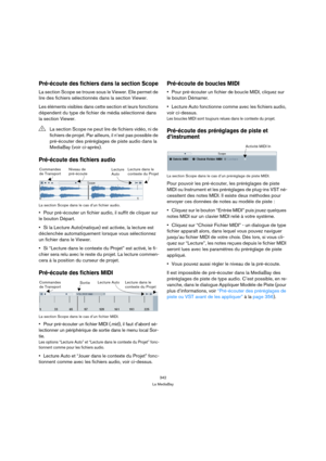 Page 342342
La MediaBay
Pré-écoute des fichiers dans la section Scope
La section Scope se trouve sous le Viewer. Elle permet de 
lire des fichiers sélectionnés dans la section Viewer.
Les éléments visibles dans cette section et leurs fonctions 
dépendent du type de fichier de média sélectionné dans 
la section Viewer.
Pré-écoute des fichiers audio
La section Scope dans le cas d’un fichier audio.
Pour pré-écouter un fichier audio, il suffit de cliquer sur 
le bouton Départ.
Si la Lecture Auto(matique) est...