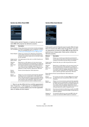 Page 368368
Paramètres temps réel et effets MIDI
Section des effets d’Insert MIDI
Cette section permet d’ajouter un maximum de quatre In-
serts MIDI. Elle propose les éléments suivants :
ÖDans le cas des effets dont les contrôles apparaissent 
dans l’Inspecteur, il suffit d’appuyer sur [Alt]/[Option] tout 
en cliquant sur le bouton Édition pour les faire apparaître 
dans un tableau de bord séparé.
Section Effets Send (Envois)
Cette section permet d’ajouter jusqu’à quatre effets de type 
Send. À l’inverse des...