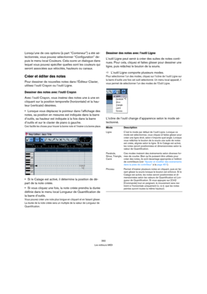 Page 392392
Les éditeurs MIDI
Lorsqu’une de ces options (à part “Conteneur”) a été sé-
lectionnée, vous pouvez sélectionner “Configuration” de-
puis le menu local Couleurs. Cela ouvre un dialogue dans 
lequel vous pouvez spécifier quelles sont les couleurs qui 
seront associées aux vélocités, hauteurs ou canaux.
Créer et éditer des notes
Pour dessiner de nouvelles notes dans l’Éditeur Clavier, 
utilisez l’outil Crayon ou l’outil Ligne.
Dessiner des notes avec l’outil Crayon
Avec l’outil Crayon, vous insérez des...