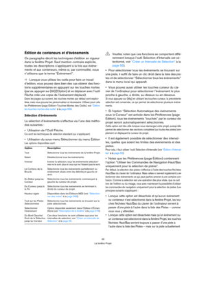 Page 4545
La fenêtre Projet
Édition de conteneurs et d’événements
Ce paragraphe décrit les techniques d’édition en vigueur 
dans la fenêtre Projet. Sauf mention contraire explicite, 
toutes les descriptions s’appliquent à la fois aux événe-
ments et aux conteneurs, même si, par commodité, nous 
n’utilisons que le terme “Événement”.
ÖLorsque vous utilisez les outils pour faire un travail 
d’édition, vous pouvez dans bien des cas obtenir des fonc-
tions supplémentaires en appuyant sur les touches mortes 
(par ex....