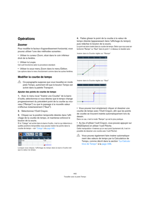 Page 442442
Travailler avec la piste Tempo
Opérations
Zoomer
Pour modifier le facteur d’agrandissement horizontal, vous 
pouvez utiliser l’une des méthodes suivantes :
Utiliser le curseur Zoom, situé dans le coin inférieur 
droit de la fenêtre.
Utiliser la Loupe.
Cet outil fonctionne selon la procédure standard.
Utiliser le sous-menu Zoom dans le menu Édition.
Les options dans le menu fonctionnent comme dans les autres fenêtres.
Modifier la courbe de tempo
Ajouter des points de courbe de tempo
1.Avec le menu...