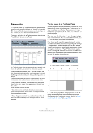 Page 462462
Track Sheet (Feuille de pistes)
Présentation
La Feuille de Pistes ou Track Sheet est une représentation 
sous forme de texte (en tableau) du “déroulé” d’un projet. 
Elle dresse la liste de toutes les pistes audio, ainsi que de 
leur contenu, et peut être imprimée facilement. 
Pour ouvrir la fenêtre de la Feuille de pistes, sélectionnez 
“Track Sheet” dans le menu Projet.
La Feuille de pistes elle-même apparaît dans la partie infé-
rieure de la fenêtre, et contient les éléments suivants :
La colonne...