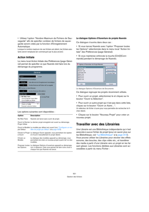Page 521521
Gestion des fichiers
Utilisez l’option “Nombre Maximum de Fichiers de Sau-
vegarde” afin de spécifier combien de fichiers de sauve-
garde seront créés par la fonction d’Enregistrement 
Automatique.
Lorsque le nombre maximum de ces fichiers est atteint, les fichiers exis-
tants seront remplacés (en commençant par le plus ancien).
Action Initiale
Le menu local Action Initiale des Préférences (page Géné-
ral) permet de spécifier ce que Nuendo doit faire lors du 
démarrage du programme. 
Les options...